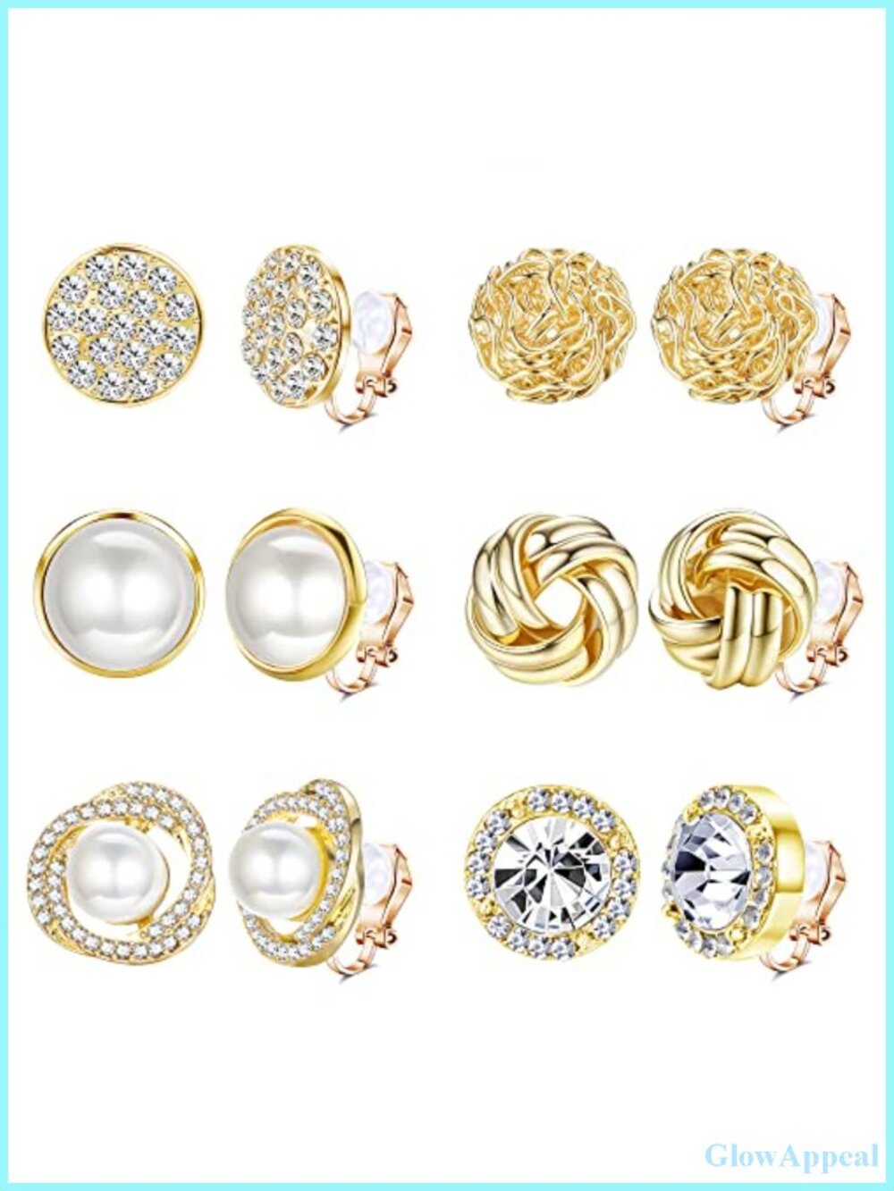 6 Pairs Clip On Earrings for Women Non-Pierced CZ Pearl Love Knot